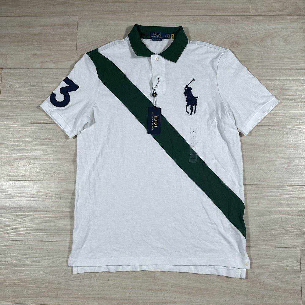 Polo Ralph Lauren Mens Classic Fit Big Pony Striped Mesh Polo Shirt Green Size M